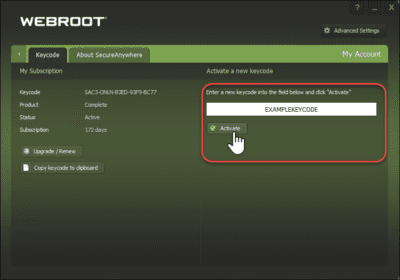 How to install Webroot with key code?